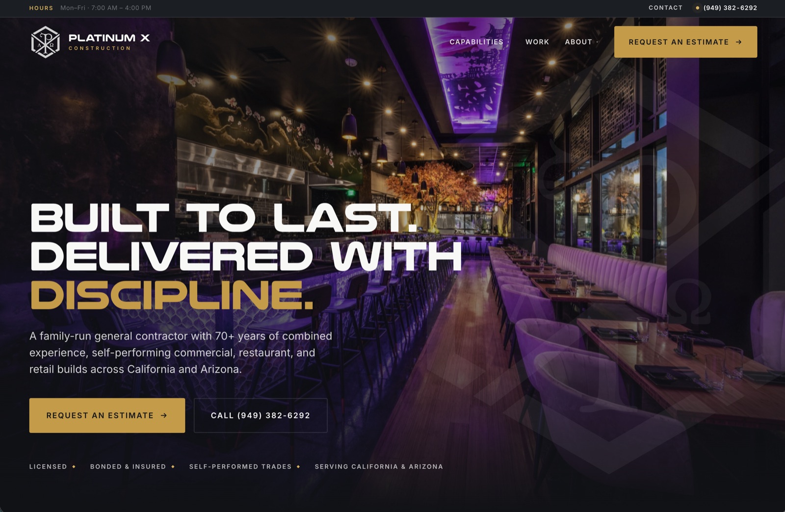 Platinum X Construction website built by Lightning Labs.